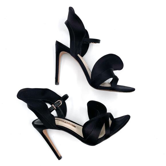Sophia Webster Lucia Ruffle Sandals Black Satin Open Toe Heels Sz 37.5 / 7.5‎ - Picture 3 of 12